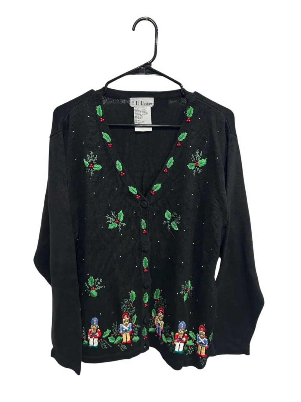 B.P. Design XL Black Nutcracker Holly Embroidered Cardigan Christmas Retro